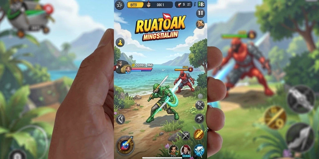 Screenshot menunjukkan karakter utama di level hutan.